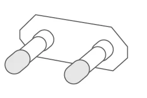 Grey line drawing of a flat travel adapter body with two round, thick pins.
